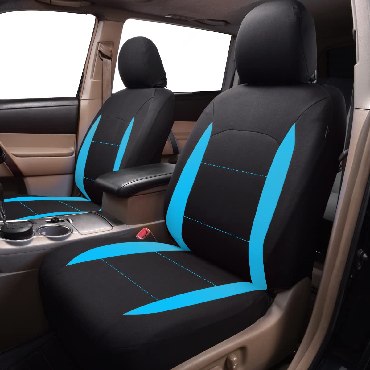 Flying Banner Fundas de Asiento de Coche para Asientos Delanteros y Traseros de poliéster, fáciles instalaciones, Banco Trasero Dividido, (Juego Completo, Respaldo bajo, Negro Azul mentol)