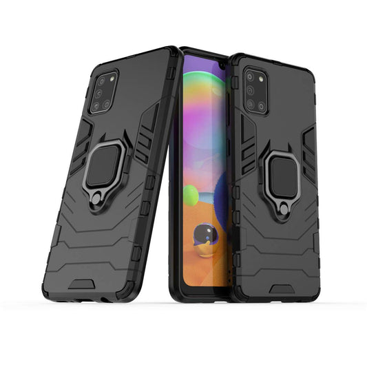 Compatible con Galaxy A31 Funda, Anillo Metálico Sujeción Soporte Antichoque Rígido Caja (Funciona con el Montaje de Coche Magnético) Doble Capa Sólido Case Carcasa para Samsung Galaxy A31 (Negro)