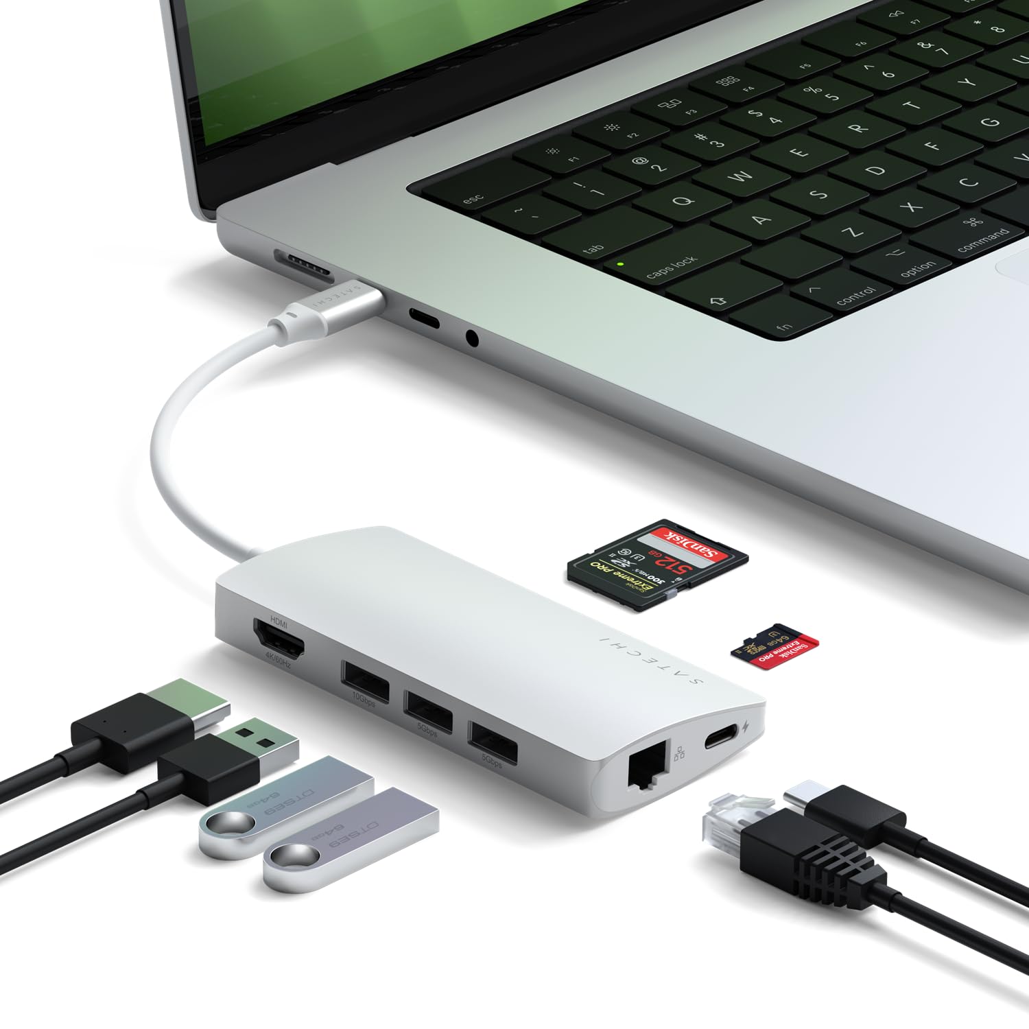 SATECHI Adaptador multipuerto 8 en 1 USB C V2, HDMI 4K, Carga USB C PD de 115 W, 3 Puertos USB-A, Ethernet, Lector de Tarjetas Micro/SD, para portátil, MacBook Air/Pro M4, iPad, Windows - Plateado