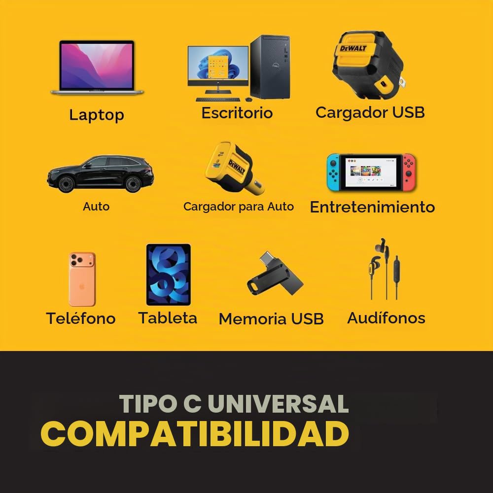 Adaptador USB-C DEWALT 90 Grados Resistente para Obras
