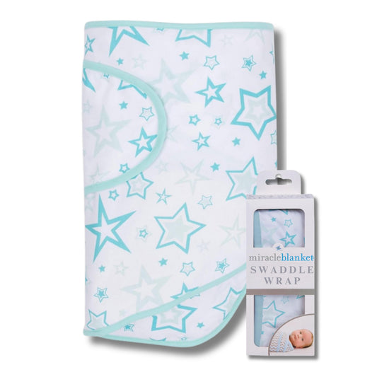 Miracle - Manta para Envolver – Ayuda a Que tu recién Nacido duerma más Tiempo, Saco de Dormir Suave y Seguro para bebés – Manta para Envolver fácil de Usar para un bebé Tranquilo (Aqua Stars)