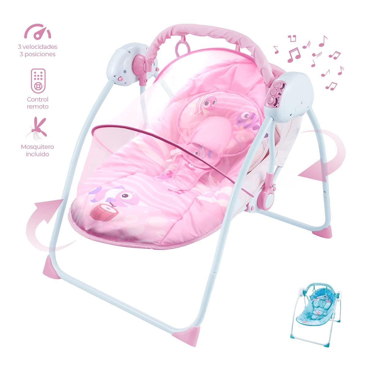 Silla Mecedora Eléctrica Raganet Rosa con Columpio a Control Remoto y Música para Bebés