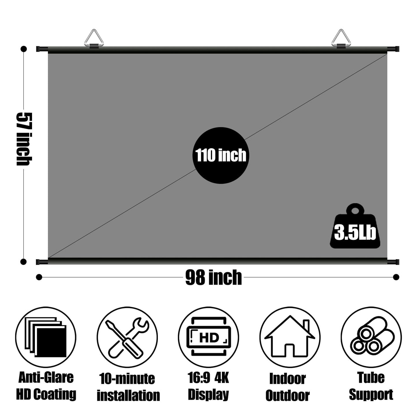XIAOHUI - visualización de proyector portátil de 110 pulgadas, visualización de proyector de película portátil para interiores y exteriores con 3 ganchos adhesivos, visualización de proyección