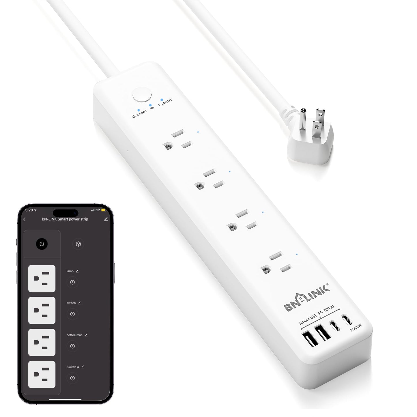 BN LINK Smart Plug Power Strip, protector contra sobretensiones con 4 tomas inteligentes controladas individualmente, 4 USB (incl. 20 W USB-C), compatible con Alexa y Google Home
