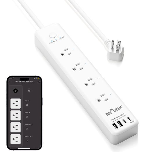 BN LINK Smart Plug Power Strip, protector contra sobretensiones con 4 tomas inteligentes controladas individualmente, 4 USB (incl. 20 W USB-C), compatible con Alexa y Google Home