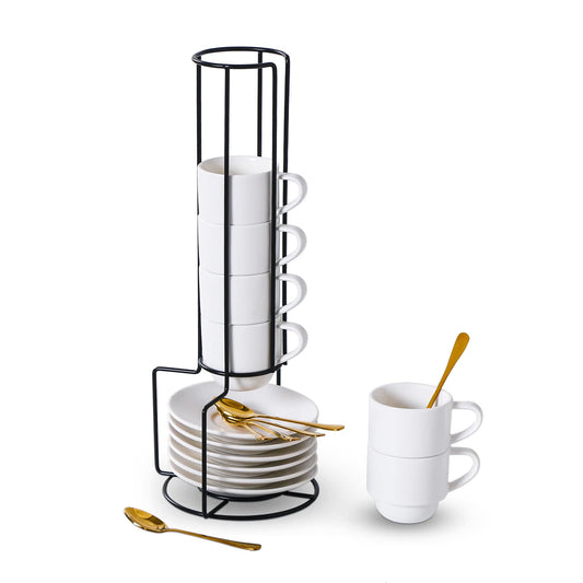 Lareina - Juego de 6 tazas de café apilables de porcelana con platillos, cucharas y soporte de metal, tazas de café pequeñas de 3 onzas, tazas de cerámica demitasse, color blanco