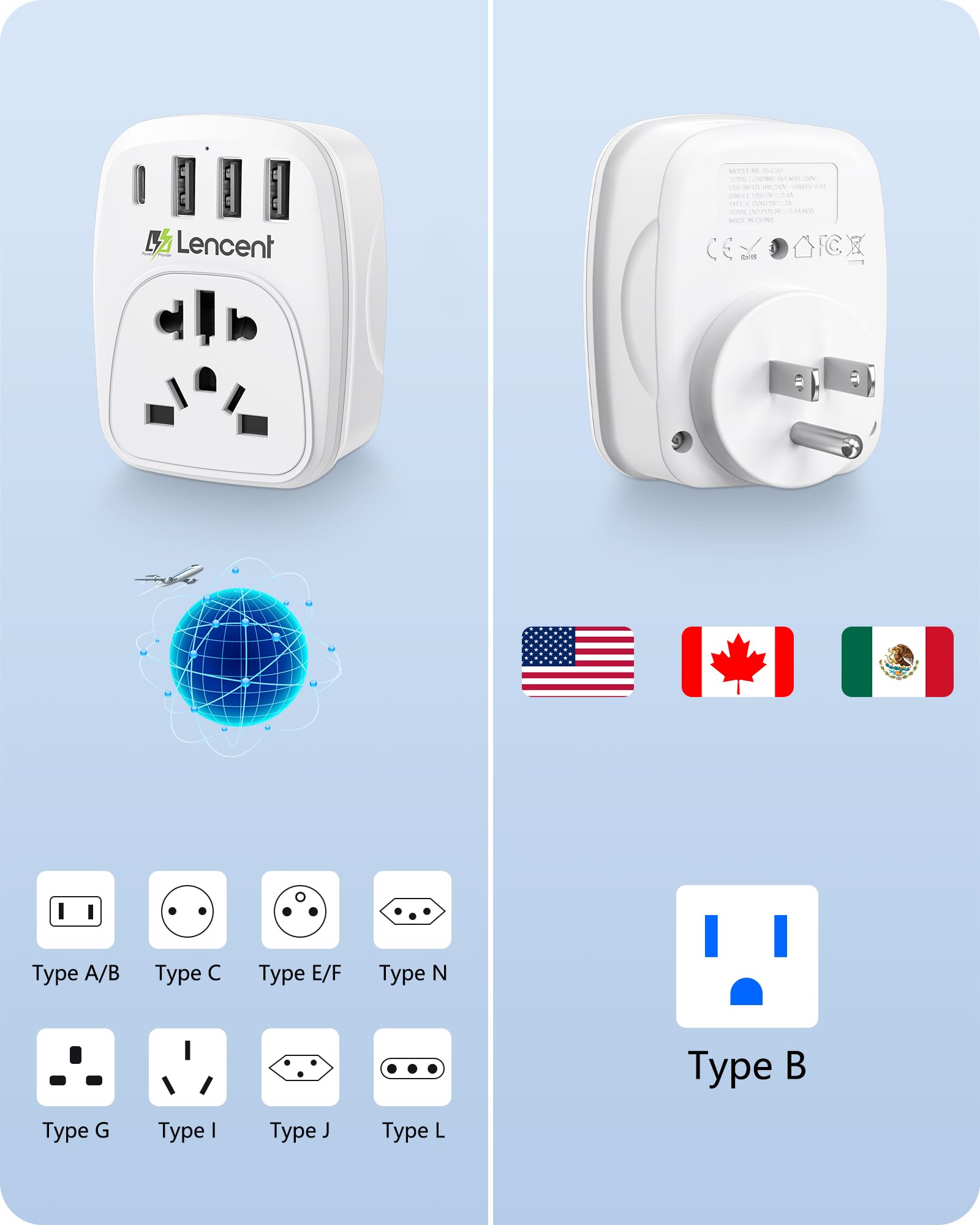 LENCENT Adaptador de Enchufe Mundial a Americano, Convertidor de Enchufe Internacional para Europa/Reino Unido/Australia/Suiza/Brasil a EE. UU./México, 3 Puertos USB-A y 1 Tipo-C, Perfecto para Viajar