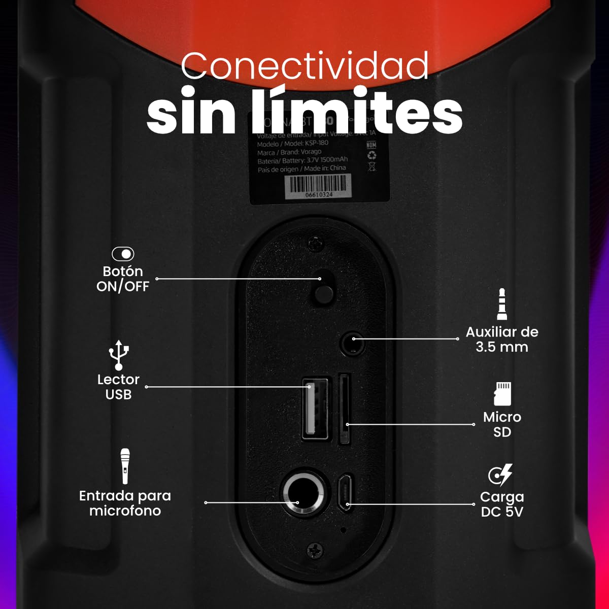 Bocina Karaoke Vorago KSP-180 Inalámbrica Iluminación RGB Portátil Bluetooth 5.3