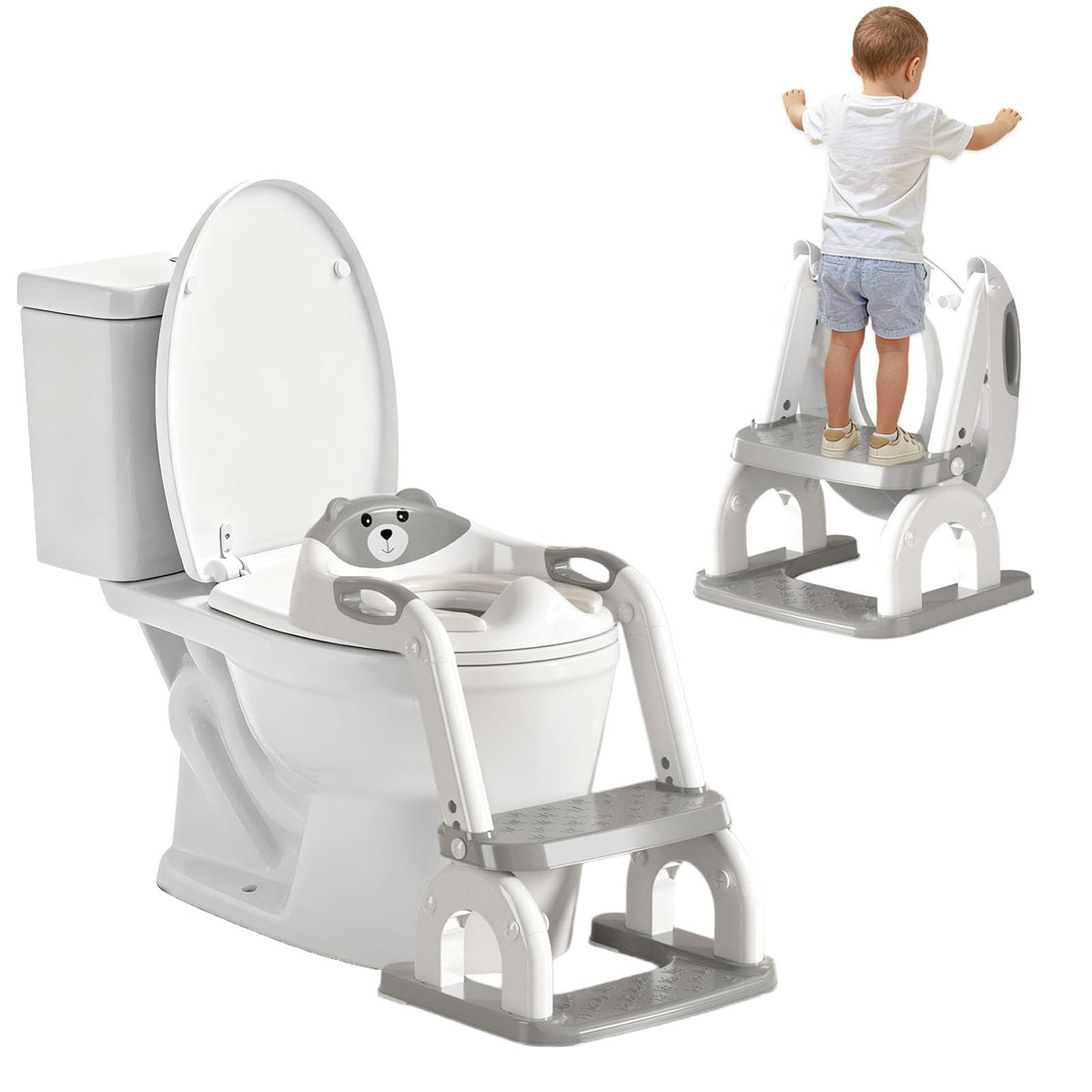 Asiento para orinal 2 en 1 para niños pequeños, con taburete plegable y escalera ajustable para niños y niñas, con protector contra salpicaduras (gris)