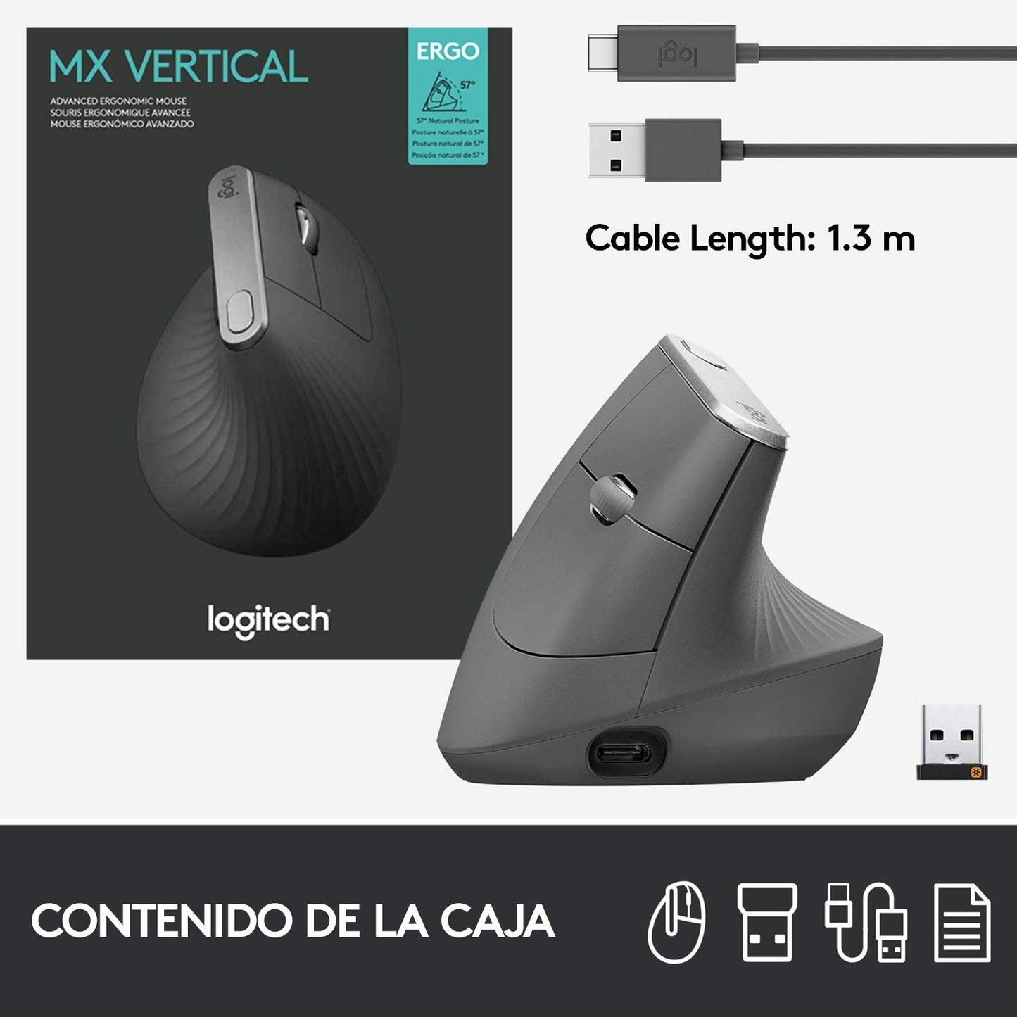 Mouse Inalámbrico Logitech Ergonómico Negro con Seguimiento Óptico 4000 dpi y Carga Rápida