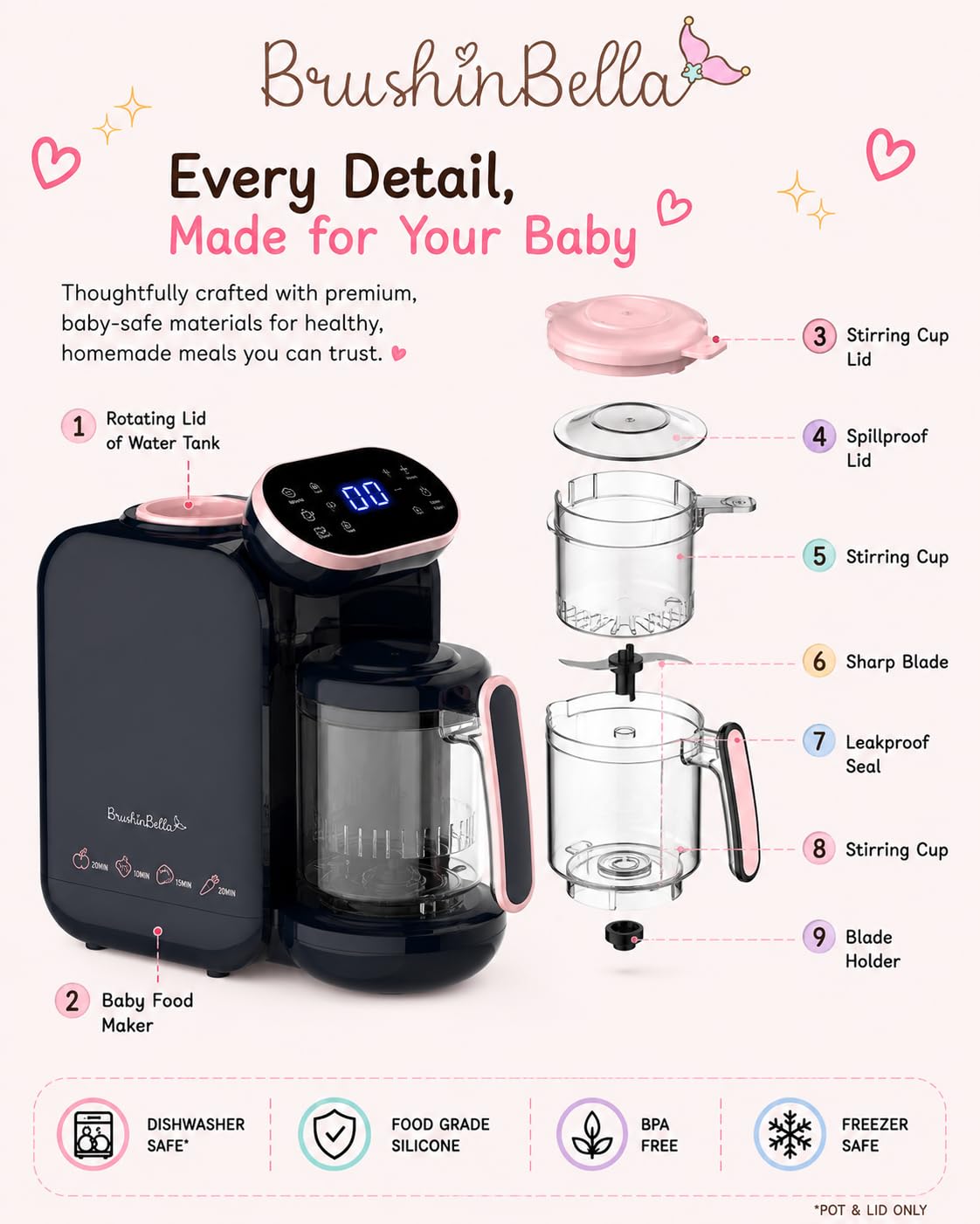 BrushinBella - Procesador de alimentos para bebés 5 en 1 con bandeja de sopa, máquina para hacer purés de bebé, amoladora, vapor, visualización táctil, mezcla automática y manual, calentador de