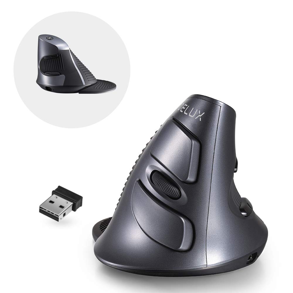 DELUX Mouse ergonómico inalámbrico recargable, Mouse vertical con Bluetooth, mouse optico con 1600 DPI para reducir el dolor de mano y muñeca, 2.4GHz con receptor USB y Bluetooth, 6 botones y reposamanos extraíble (M618G DB-Negro)