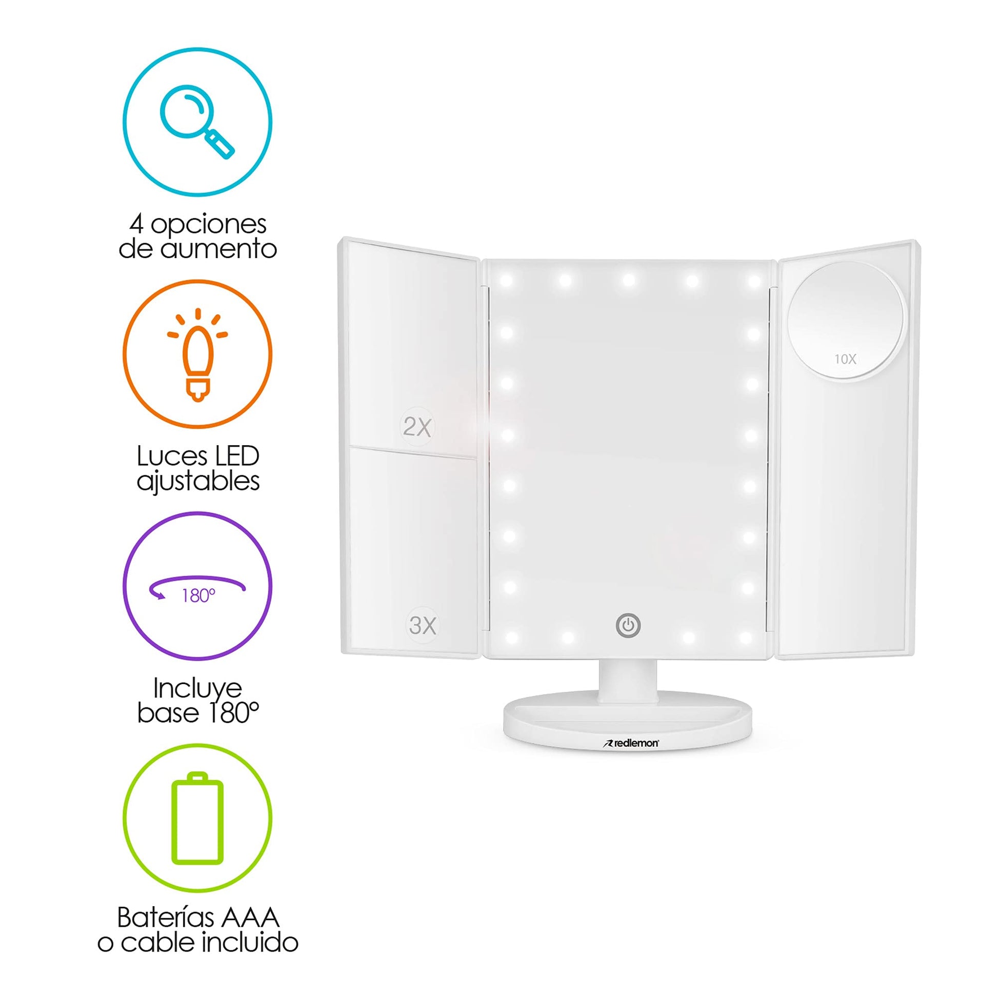 Redlemon Espejo con Luz para Makeup, Espejo para Maquillaje con Aumentos y Luces LED de Intensidad Ajustable, Base con Movimiento 180°, Funciona con Cable de Alimentación o Baterías AAA (no incluidas)