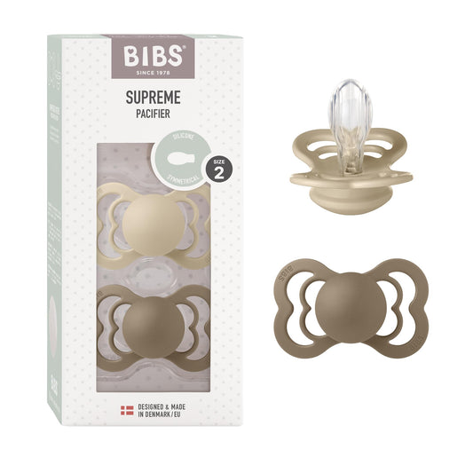 BIBS Chupones Supreme Pack de 2, Tetina redonda de látex natural, Talle 2, Color Vanilla/Dark Oak, 6 a 18 meses, Hecho en Dinamarca