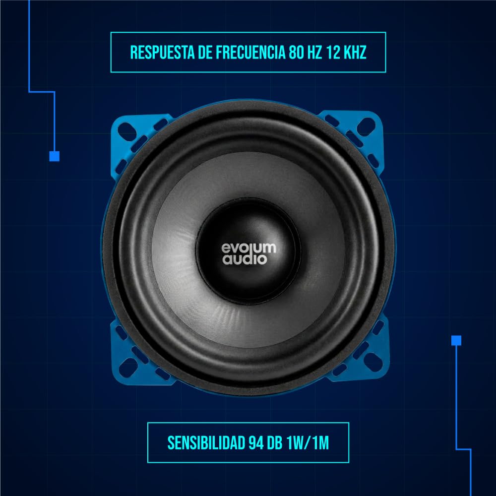 Evolum Audio - Kit Bocinas Medio Rango - Sonido Claro y Potente - Cono de Papel de Titanio - Potencia RMS de 100 W - Materiales de Calidad - Fácil Instalación - Modelo Open Show (4 in)