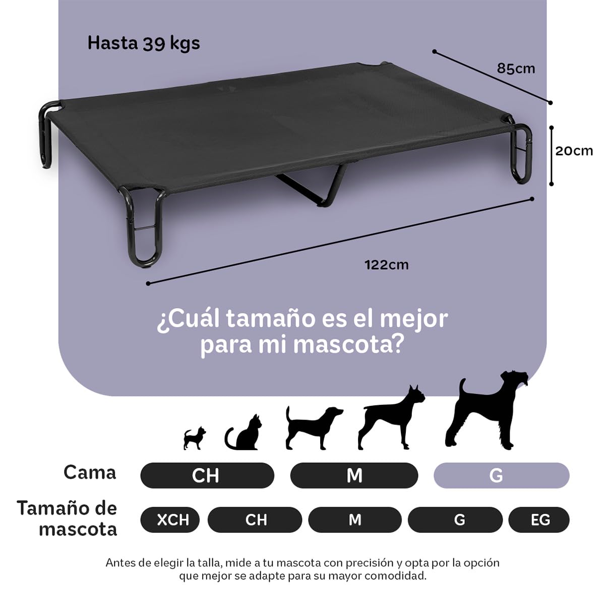 Cama Elevada ESQUIMAL Negro con Malla Transpirable para Perro Grande Interior y Exterior