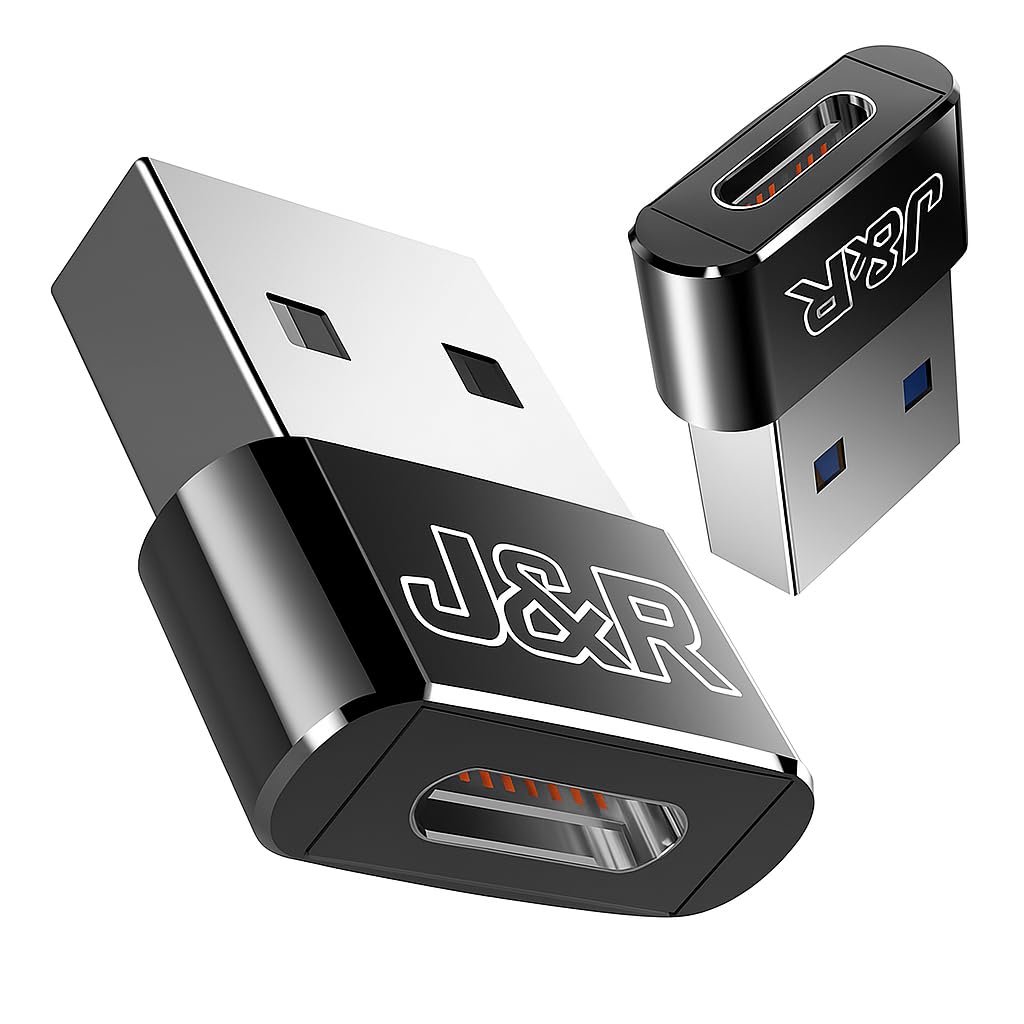 Adaptador USB a USB C J&R Negro y Plateado Mini Convertidor de Metal Paquete de 2 Unidades