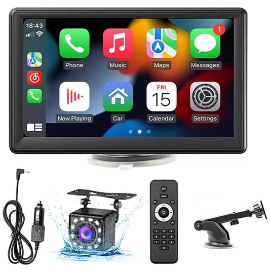 FINYQBET Pantalla Inalámbrica Estéreo para Coche, 7 Pulgadas, Apple Carplay & Android Auto/Mirror Link, IPS HD Pantalla Completa Táctil, Control de Voz, FM, AUX, TF + Cámara Trasera