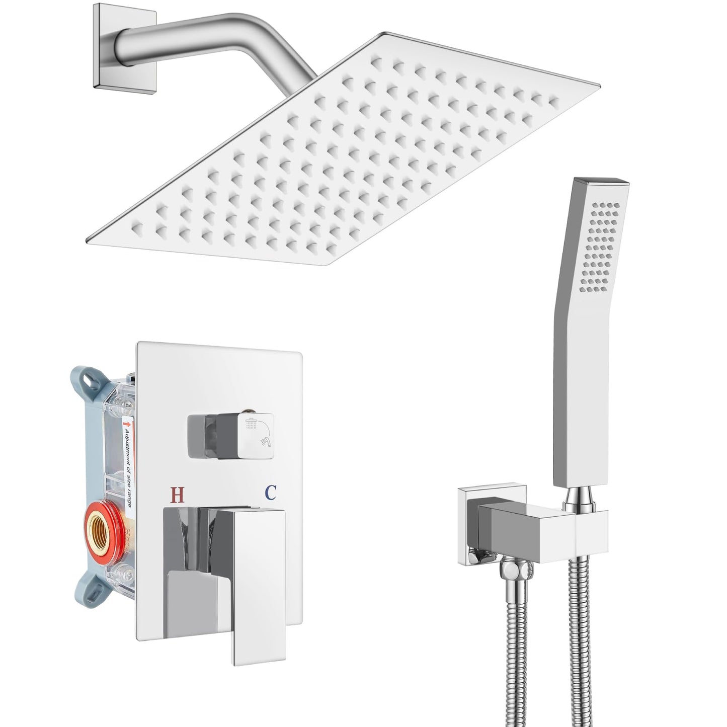 gotonovo - Sistema de ducha de lluvia para baño, cabezal de ducha y asa, juego de ducha montado en la pared, conjunto completo de latón macizo con equilibrio de presión, válvula mezcladora de ducha de