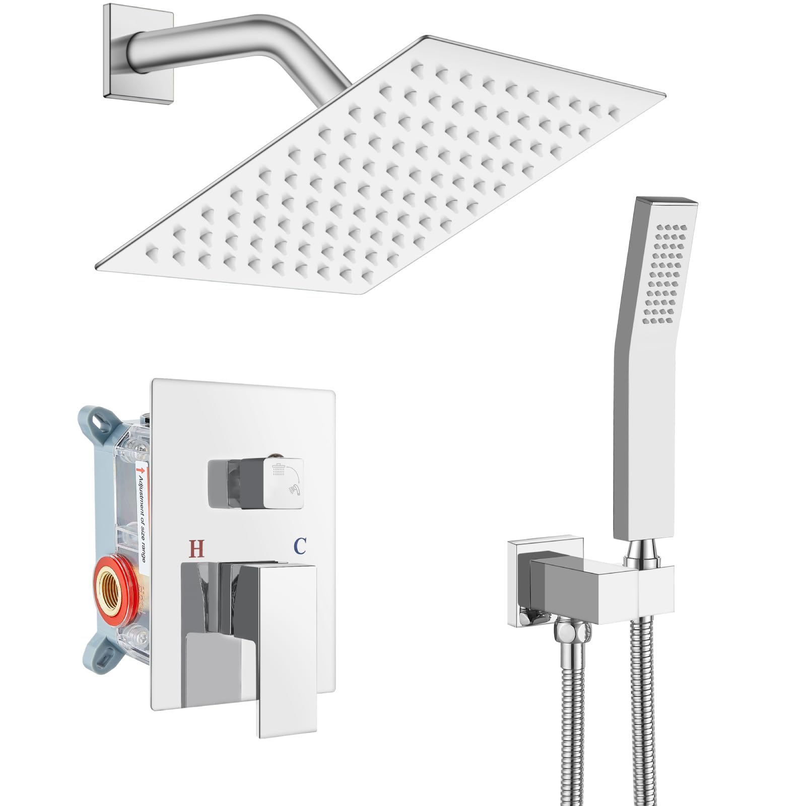 gotonovo - Sistema de ducha de lluvia para baño, cabezal de ducha y asa, juego de ducha montado en la pared, conjunto completo de latón macizo con equilibrio de presión, válvula mezcladora de ducha de