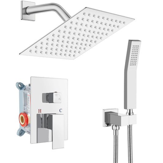 gotonovo - Sistema de ducha de lluvia para baño, cabezal de ducha y asa, juego de ducha montado en la pared, conjunto completo de latón macizo con equilibrio de presión, válvula mezcladora de ducha de