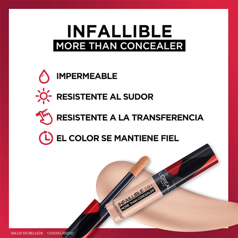 L´Oréal Paris, Corrector liquído de larga duración 24h, Infallible More than concealer,Tono 338 Honey, 14.4ml