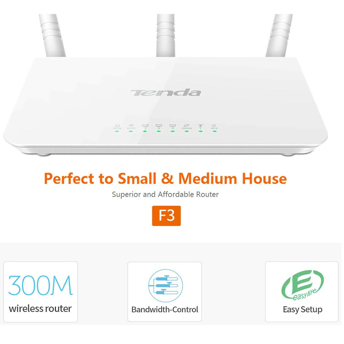 Tenda F3 N300 Router Inalámbrico WiFi, 3 Antenas de 5 dBi, 300 Mbps a 2.4 GHz, Chip Broadcom, Control Ancho de Banda, WPS, 1x Puerto WAN 10/100 Mbps 3 x Puertos LAN 10/100, Blanco