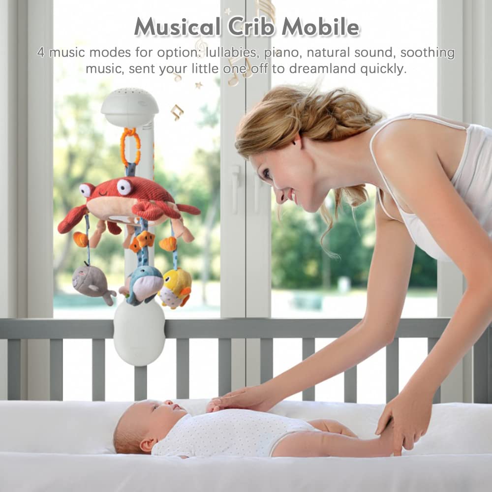 Hosioe Cangrejo Multifuncional Musical Baby Cuna Juguete móvil Proyector Estrellado Luz con 360 ° Giratorio Lindo Dibujos Animados Colgando Sonajeros Colgantes para bebés recién Nacidos