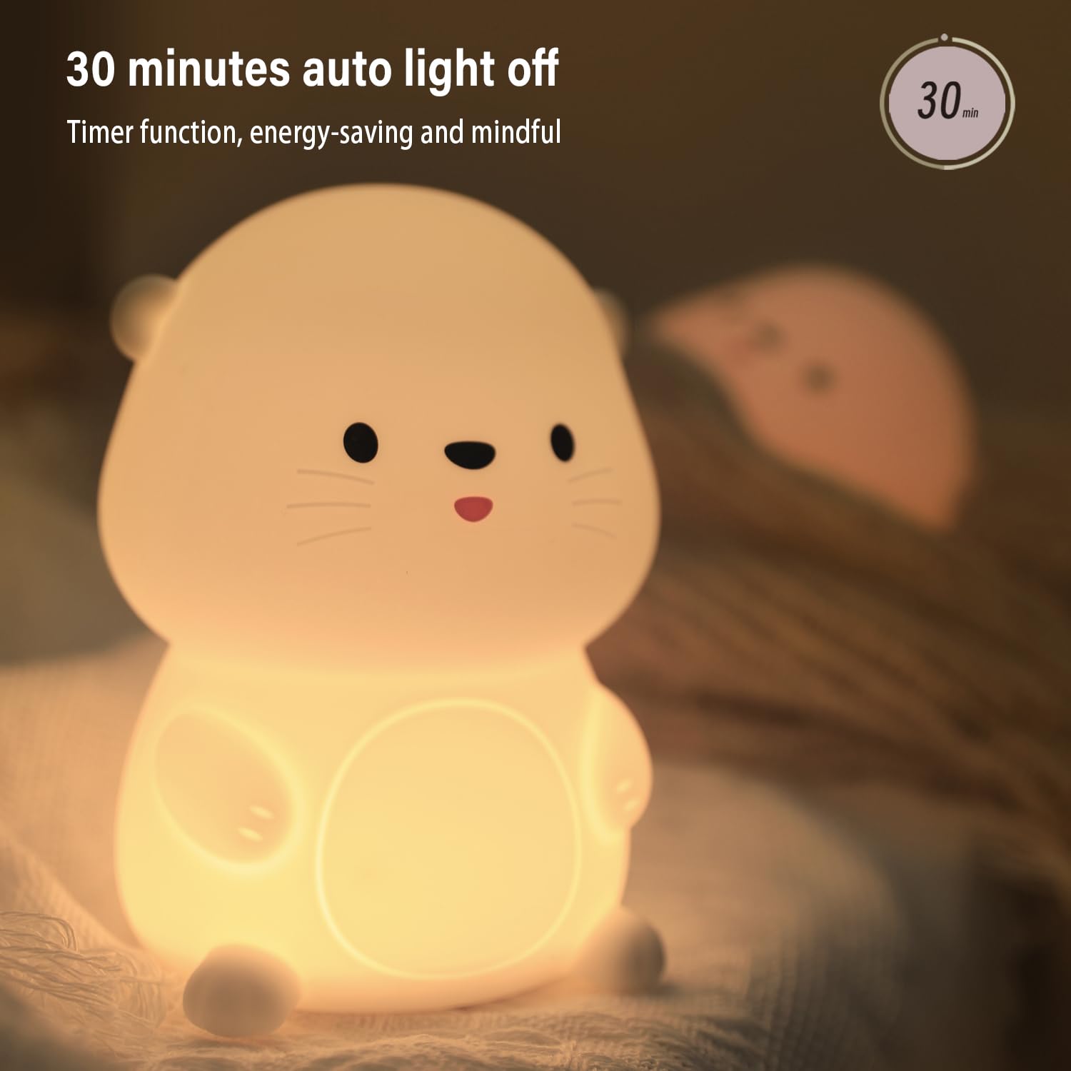 Bestfaith - Lámpara de noche con forma de nutria, luz LED blanda nocturna, regulable, para niños, lámpara táctil recargable con temporizador, decoración de recámara, regalos divertidos para niños
