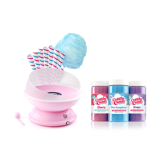 Máquina de algodón de azúcar Cotton Candy Express [rosa] | La mejor máquina de algodón de azúcar para uso doméstico | Máquina de algodón de azúcar con conos de papel a rayas incluidos y una cuchara de azúcar de hilo, Rosado claro, Machine with 3 Flavors,