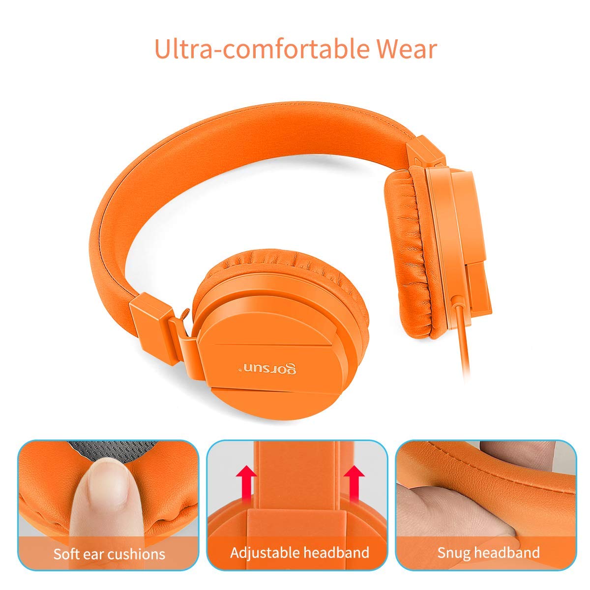 Gorsun lightweight stereo kids headphone Adjustable Headband foldable on ear Headset for Cellphones Iphone Laptop Computer Earphones(Orange)