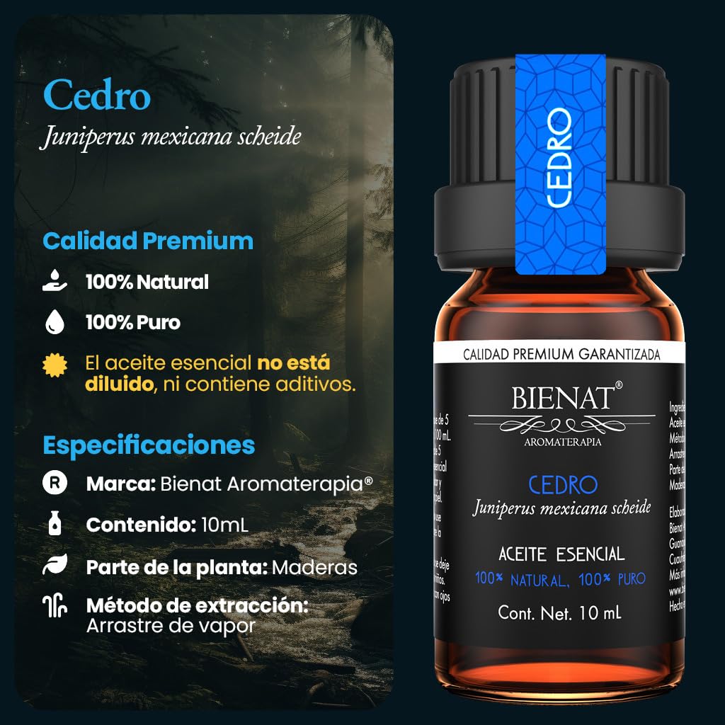 BIENAT AROMATERAPIA Aceite Esencial de Cedro 10mL | 100% Puro y Concentrado | Ideal para Difusor de Aromas, Humidificador, Aromaterapia, Masajes, Meditación, Jabones y Velas | Esencia Natural en Gotas