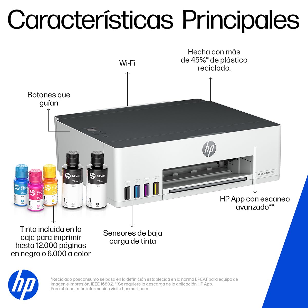 HP Impresora Smart Tank 210, Tinta Continua, Color, Wi-Fi,USB, Bluetooth, Dúplex (Doble Cara) Manual, Impresión Smart App, hasta 2 años de Garantía* (3D4L3A)