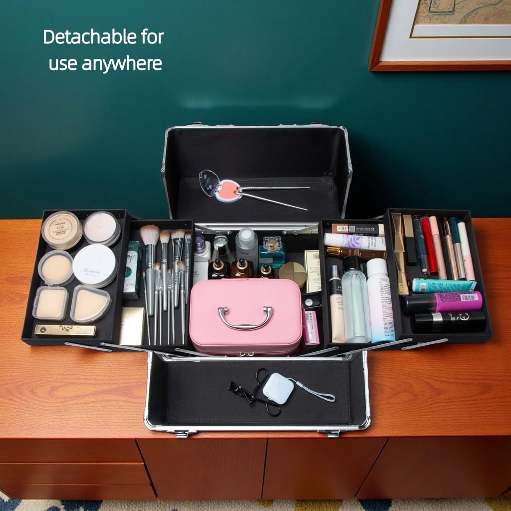 Gdsshuhung - Estuche de maquillaje para tren rodante, organizador profesional de cosméticos con marco de aluminio, bandejas plegables y ruedas, portátil para viajes y estudio, Rosa, Estuche de