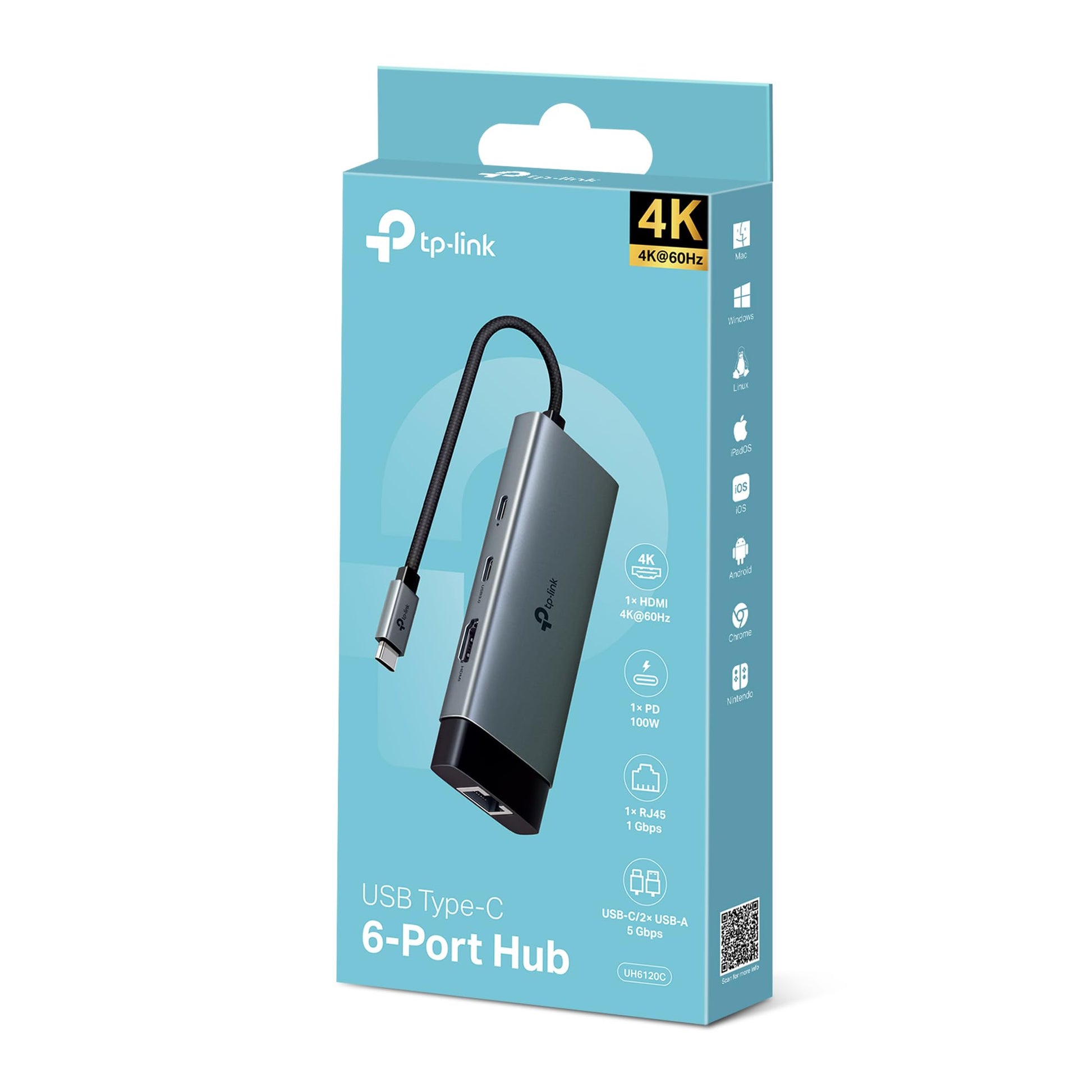 TP-Link Hub de Entrada USB C 6 en 1, PD100W, 4K 60Hz HDMI, USB C 5Gbps, 2× USB A 5Gbps, Gigabit Ethernet, Compatible con MacOS, Windows, Linux, iPad OS, iOS, Android, ChromeOS, Nintendo (UH6120C)