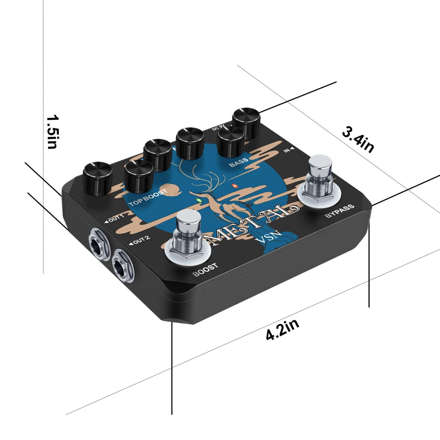 Pedal de Distorsión VSN Heavy Metal Muff Top Boost para Guitarra Metal 80s y 90s Negro