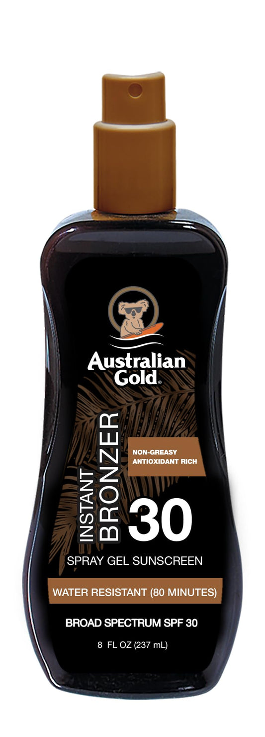 AUSTRALIAN GOLD SPF 30 Spray Gel Sunscreen with Instant Bronzer 8 fl oz (237 ml) Protector Solar en Gel En Spray FPS 30 Bronceador Instantáneo