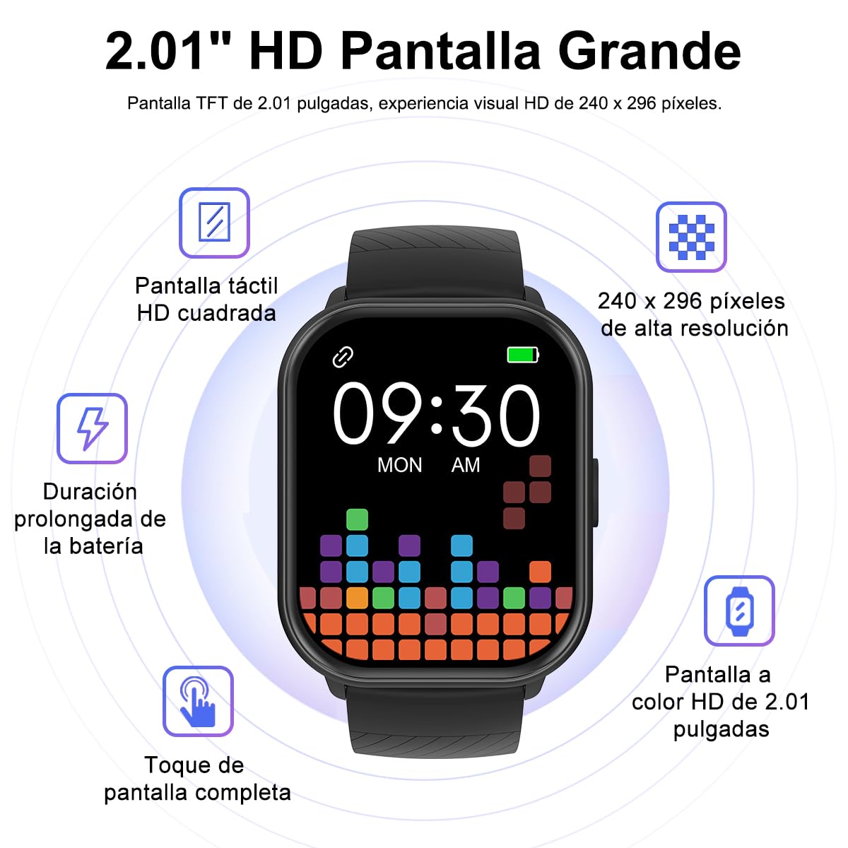 EASYTAO Smartwatch 2.01" Pantalla Grande, Reloj Inteligente Llamada Bluetooth, Impermeable IPX67, Monitor De Frecuencia Cardíaca/Oxígeno en Sangre/Presión Arterial, Micrófono Incorporado(Negro)