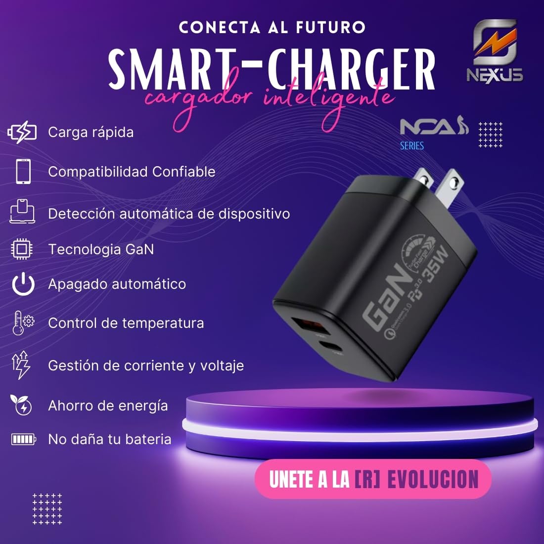Cargador Celular Inteligente GaN Carga Rápida USB C 35W NEXUS Cable USB C 2m incluido Compatible con todas las marcas iPhone 12 al 15 Samsung S22 S23 S24 Xiaomi o Audífonos Tablets Drones Cámaras ipad