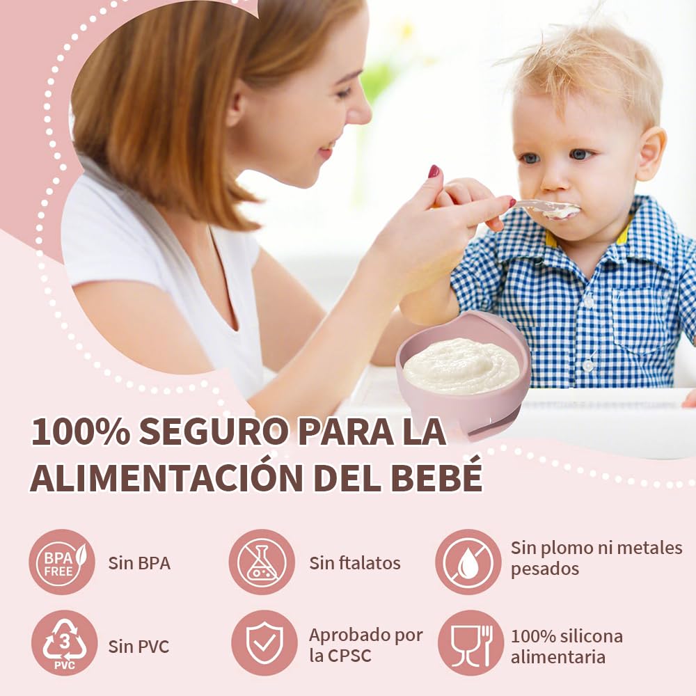 FINYQBET Platos Para Bebés De Silicona Con Tazón Cuchara Tenedor Babe,Set de 8 Piezas para Bebés,Plato para Bebe con Ventosas, Ajustable,Rosa