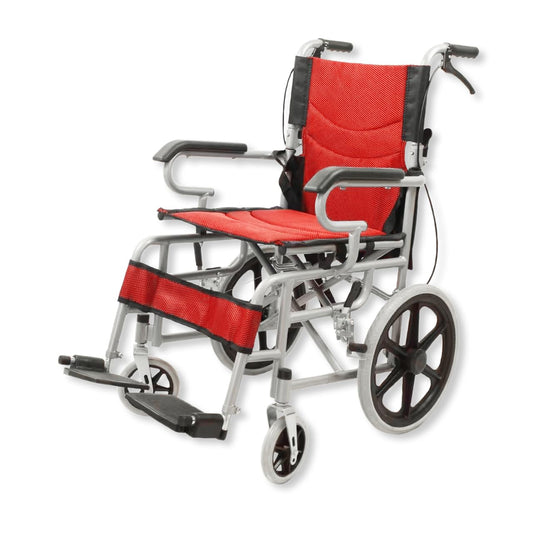 INFINITY | Silla de Ruedas de Traslado Plegable con Freno en Agarradera y Cinturón de Seguridad (ROJO)