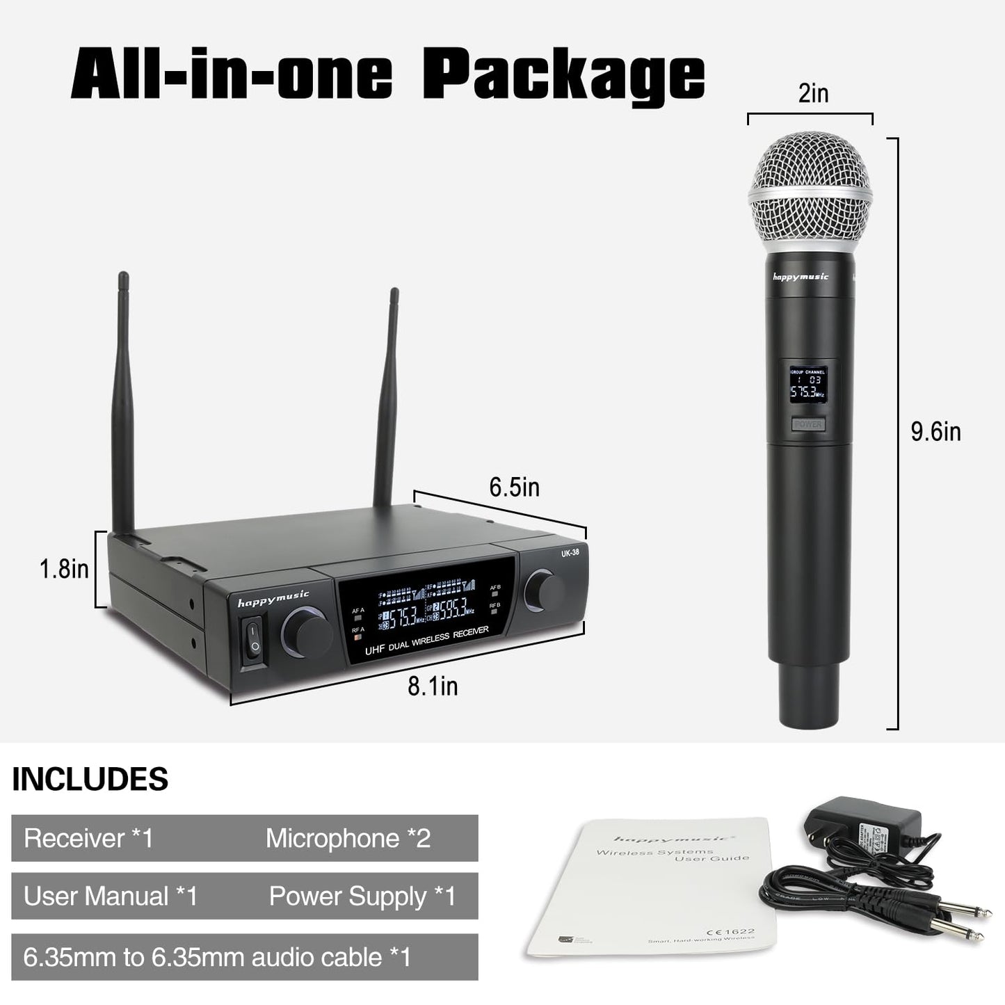 happymusic - Sistema de micrófono inalámbrico profesional UHF de 2 canales, juego de micrófono de mano inalámbrico, alcance de 150 pies, perfecto para DJ, iglesia, boda, evento, conciertos, canto,