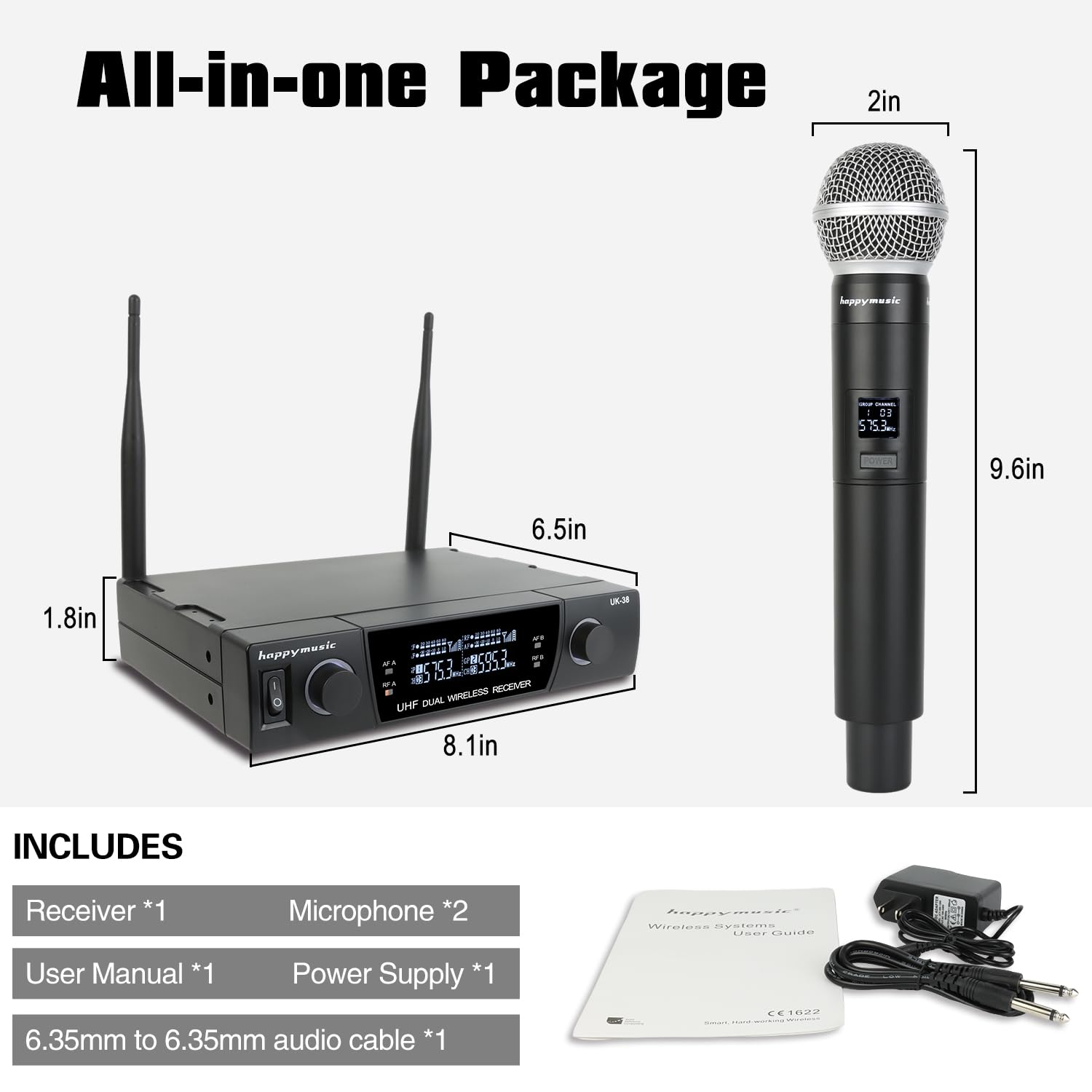 happymusic - Sistema de micrófono inalámbrico profesional UHF de 2 canales, juego de micrófono de mano inalámbrico, alcance de 150 pies, perfecto para DJ, iglesia, boda, evento, conciertos, canto,