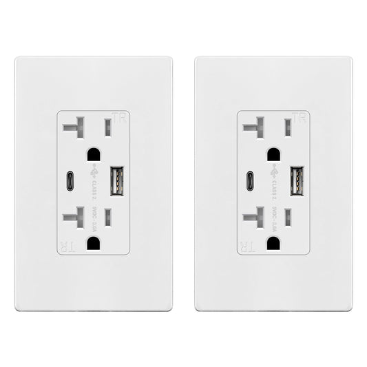 TOPGREENER Toma USB, toma de pared USB tipo C, receptáculo resistente a manipulaciones de 20 amperios, toma de corriente de carga con 2 puertos USB, placa de pared incluida, TU22036AC-W-2PCS, blanco
