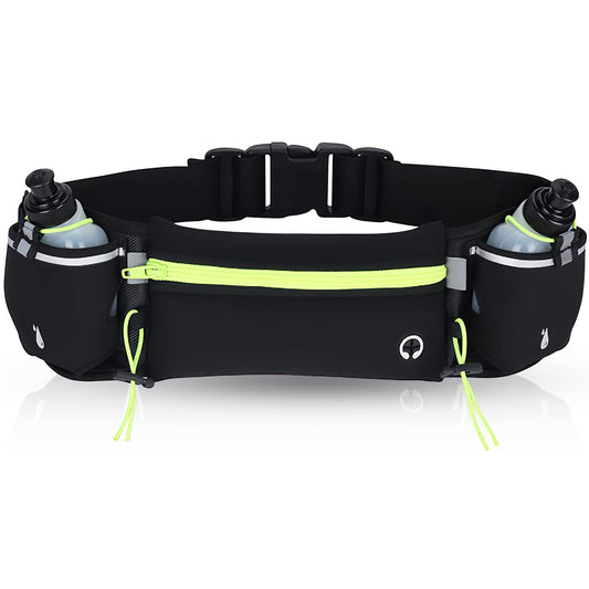 Cangurera Deportiva,HONGHCL Riñonera Deportiva con 2 Botellas de Agua,Cangurera Deportiva para Correr,Bolsa Deportiva con Cinturón Regulable,Bolsillos de Auricular y Teléfono(Verde)