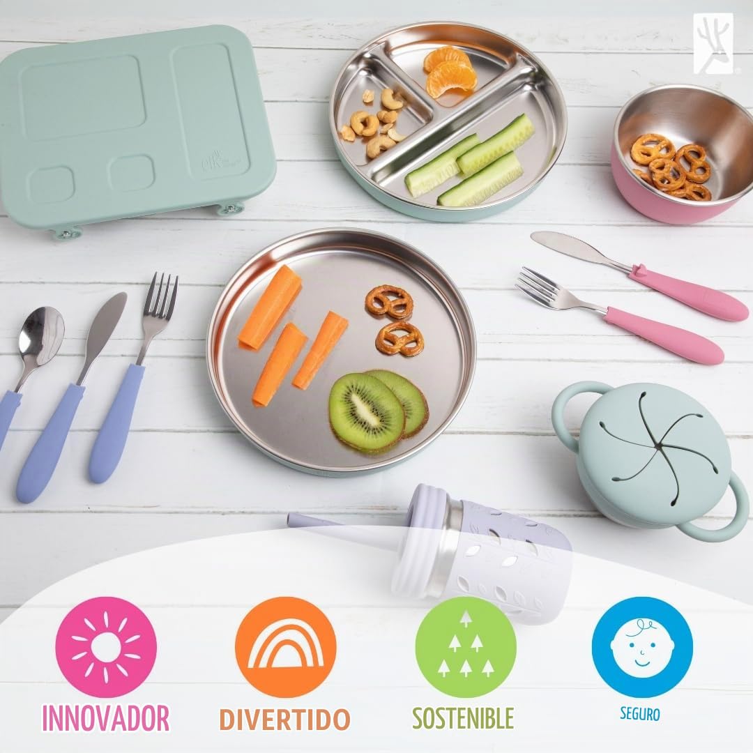 Platos + Tapas de Acero Inoxidable de Elk and Friends para Niños/Niños Pequeños de 19.8 cm | Pack de 4