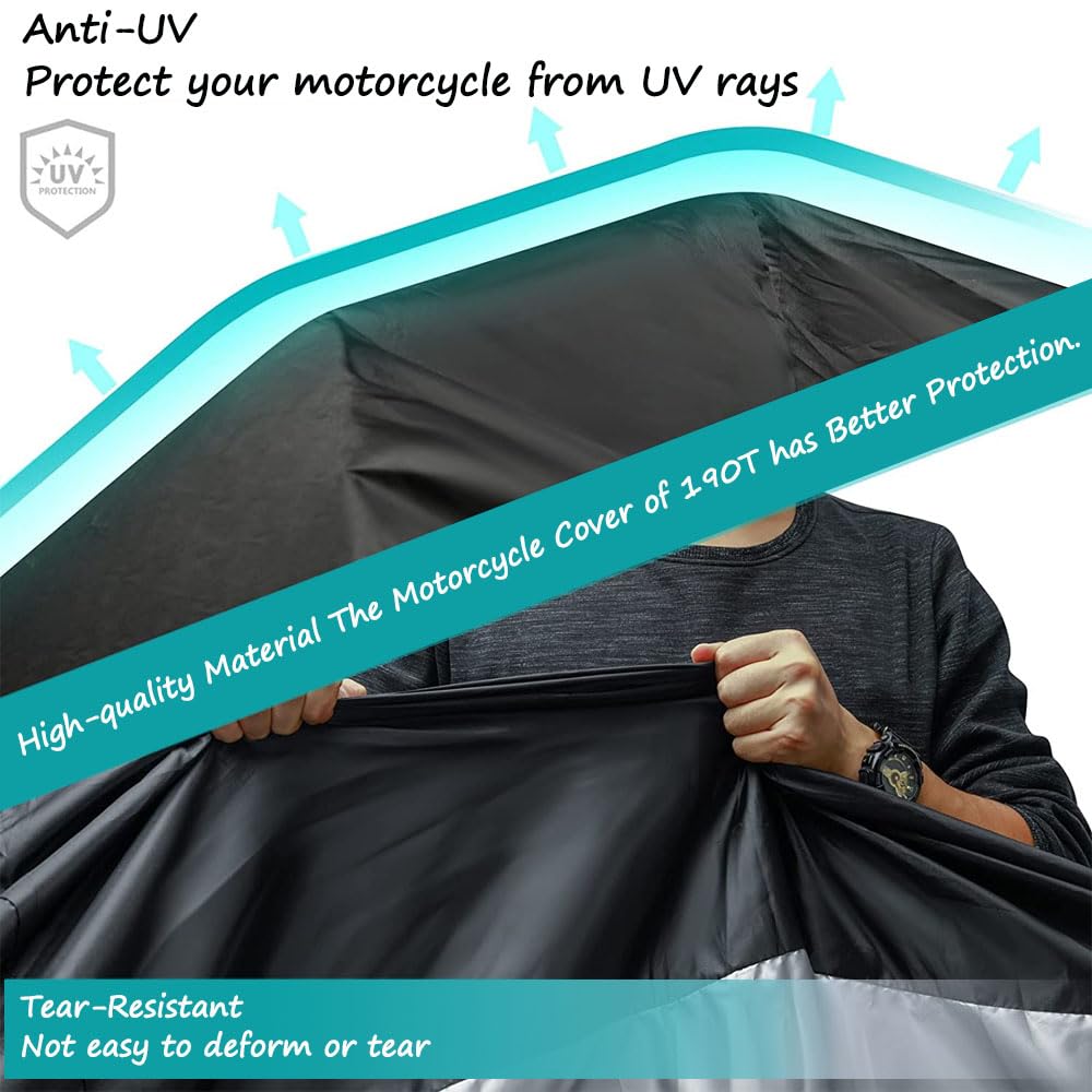 Herpet Funda para Moto Cubierta de la Motocicleta Impermeable - Tejido de Poliéster Recubierto 190T, Impermeable A Prueba de UV Agua Lluvia Polvo Viento Nieve 245 x 105 x 125 CM (2XL, Negro)