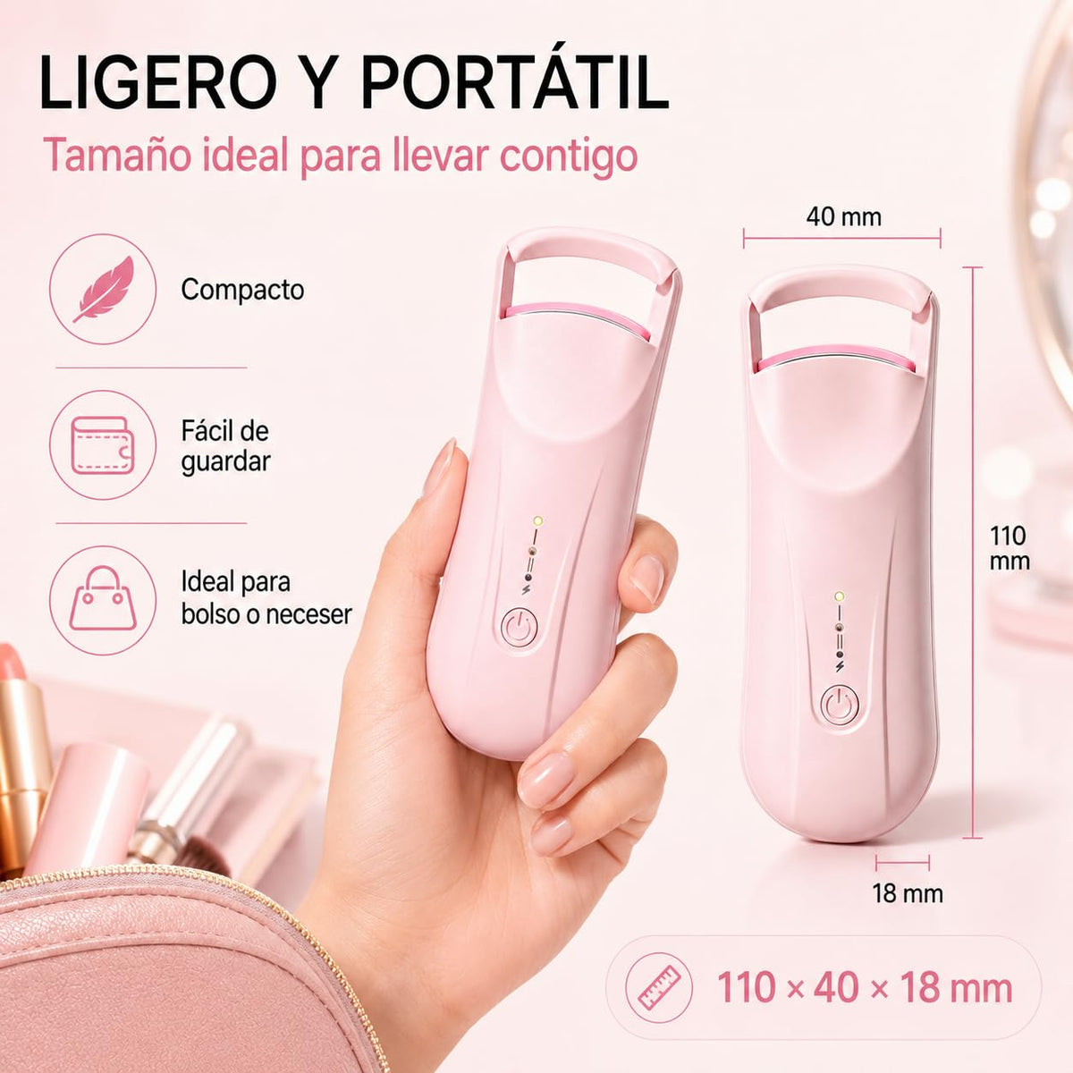 Rizador de Pestañas Eléctrico, Enchinador Térmico Recargable USB-C con 2 Niveles de Temperatura 65°C/85°C, Calentamiento Rápido y Curva 3D, Mini Rizador Portátil para Maquillaje