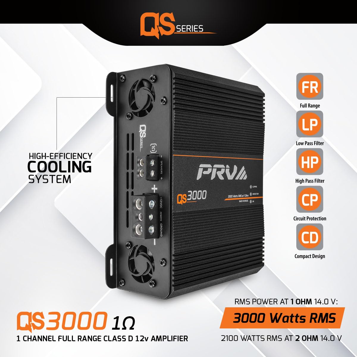 Amplificador de Audio de Coche PRV Audio QS3000 1 Ohm 3000W Monobloque con Controles HPF y LPF Integrados