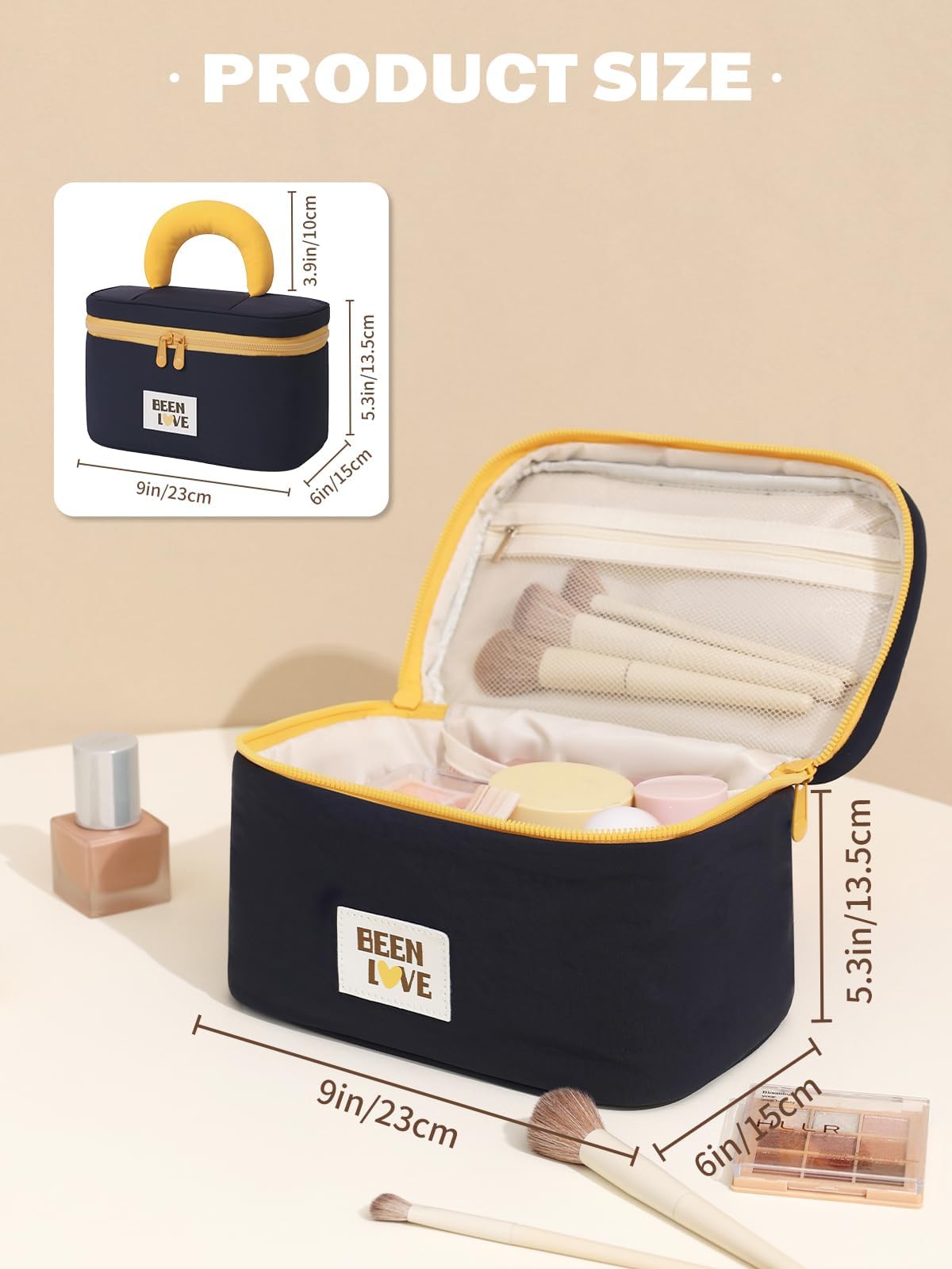 Lalamisi - Bolsa de maquillaje de viaje para mujer, bolsa de maquillaje de gran capacidad, bolsa organizadora, bolsa de aseo portátil, impermeable, con asa y divisor, marino, Bolsa de cosméticos de